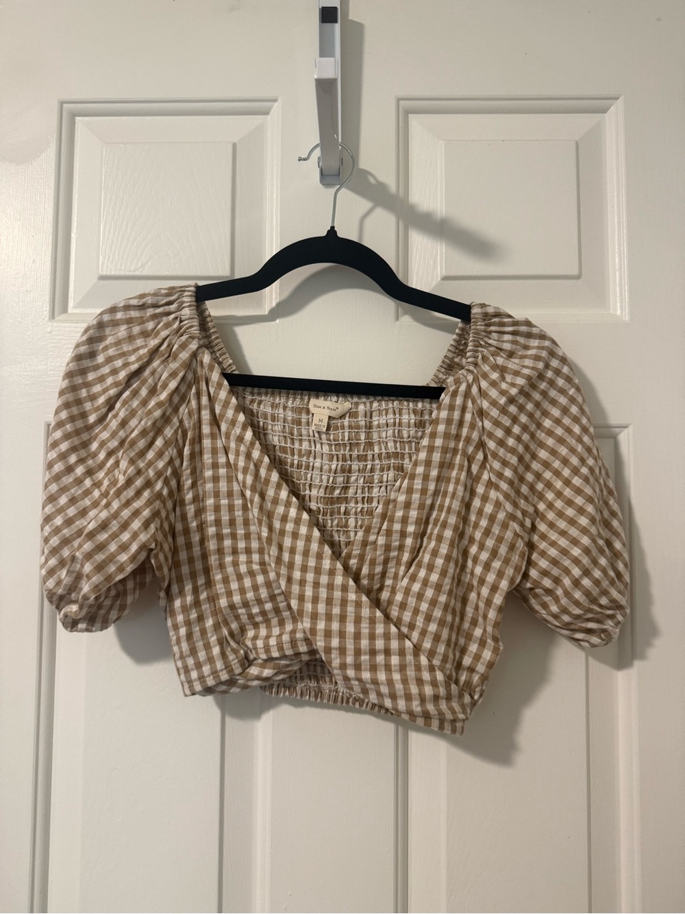 Gingham Wrap Puff-Sleeve Crop Top in Tan
